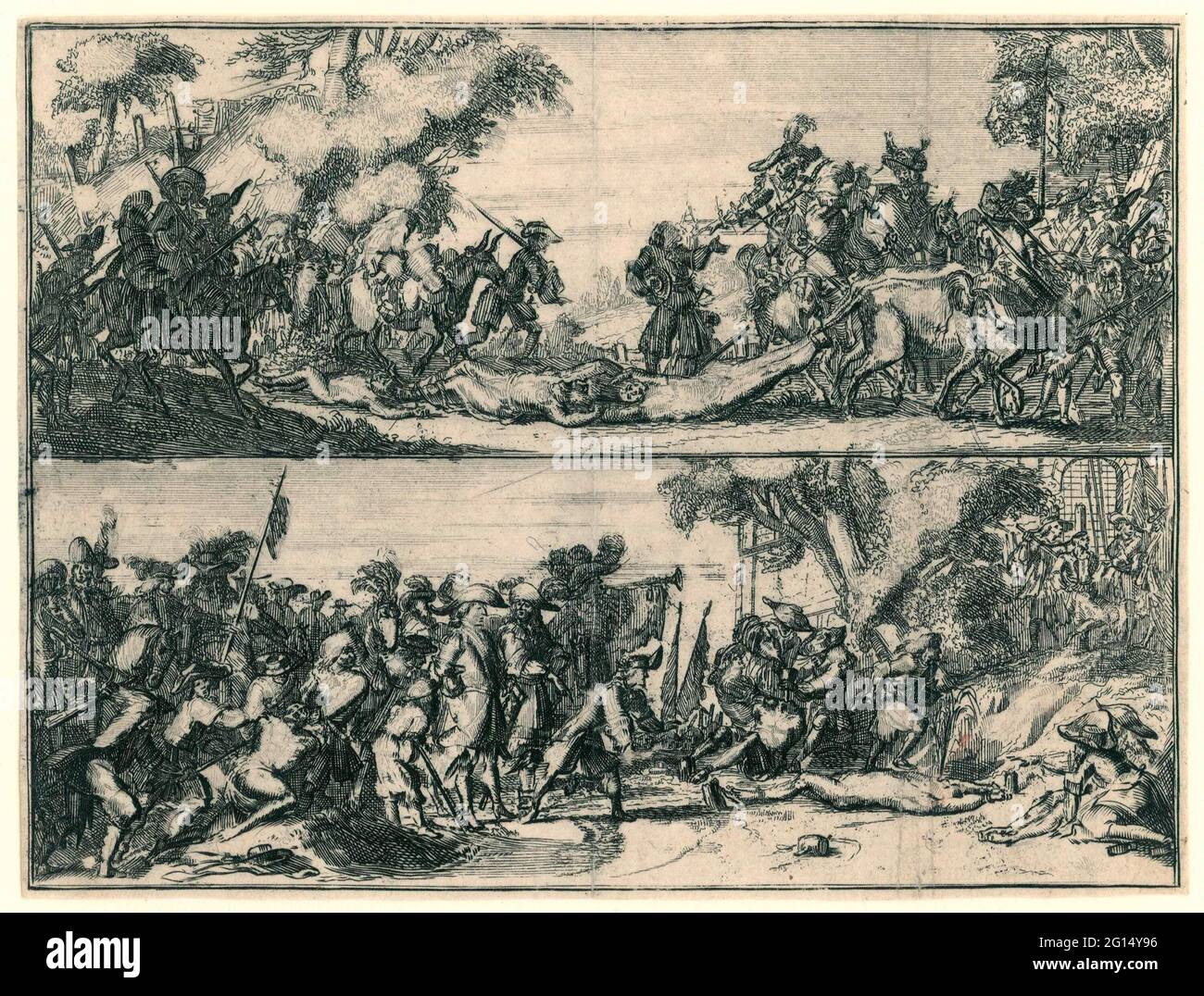 Two performances of the French atrocities 1672. Two performances of the atrocities operated by the French troops in Dutch villages in the year 1672 copied to the prints of Romeyn de Hooghe
