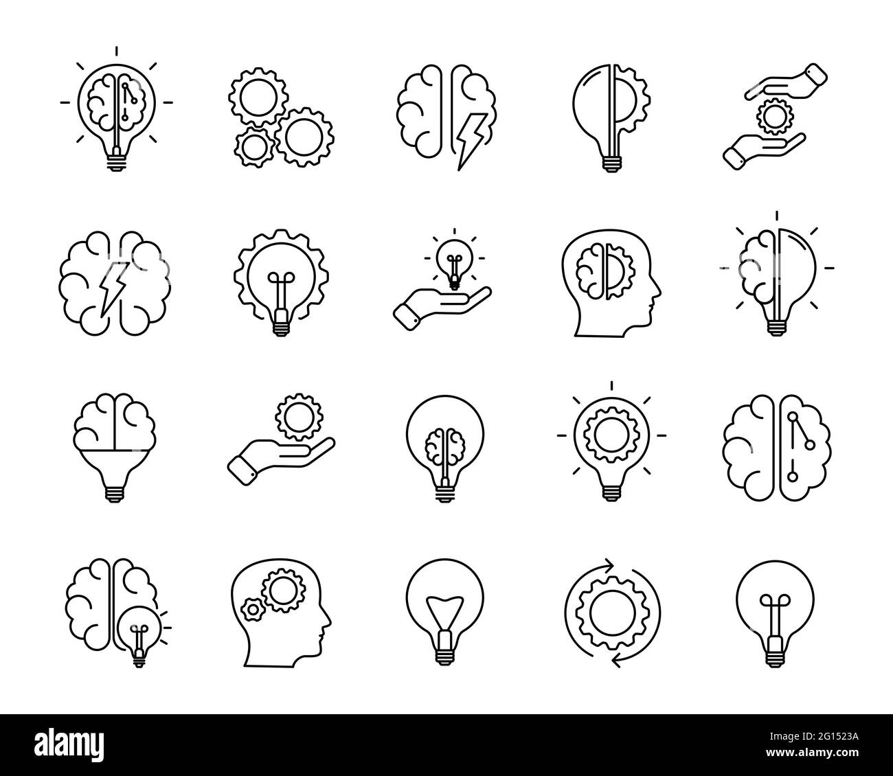 Brainstorm icons set. Artificial light, brain, lightbulb, creative, Development, knowledge, brainstorming, brainstorm solution. Vector Illustration Stock Vector