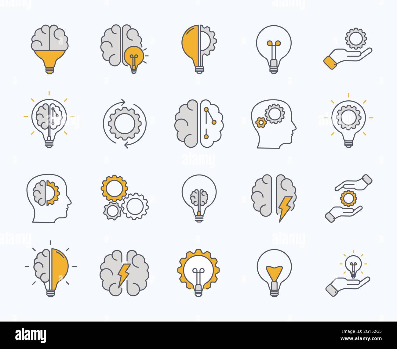 Brainstorm icons set. Artificial light, brain, lightbulb, creative, Development, knowledge, brainstorming, brainstorm solution. Vector Illustration Stock Vector