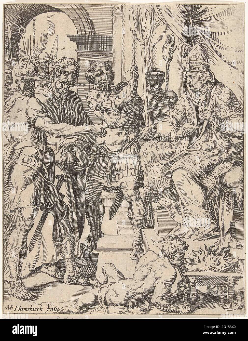 Christ for the high priest Annas; Fall and redemption of humanity through the life and passion of Christ. Christ stands, tied to neck and hands in front of the throne of high priest Annas. Around him armed soldiers. One of the soldiers stores Christ. In the right corner a man blows fire in a trolley. The print is part of a thirty-part series with prints about the fall and Christ's passion. Stock Photo