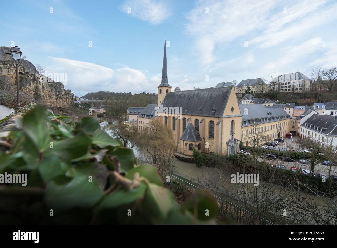 Aerial view of The Grund with Neumunster Abbey and Alzette River - Luxembourg City, Luxembourg Stock Photo