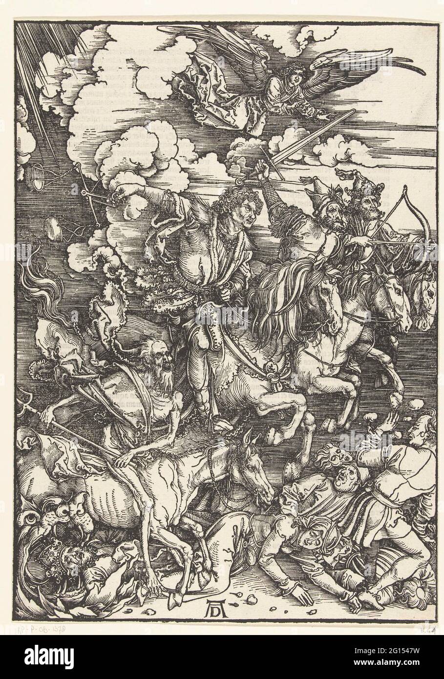 The four riders of the apocalypse. Four men on horseback, armed with an arrow and bow, a sword, a scales and a riek, people walk under the foot. On versose side Latin Bible text in Gothic script in two columns. Stock Photo