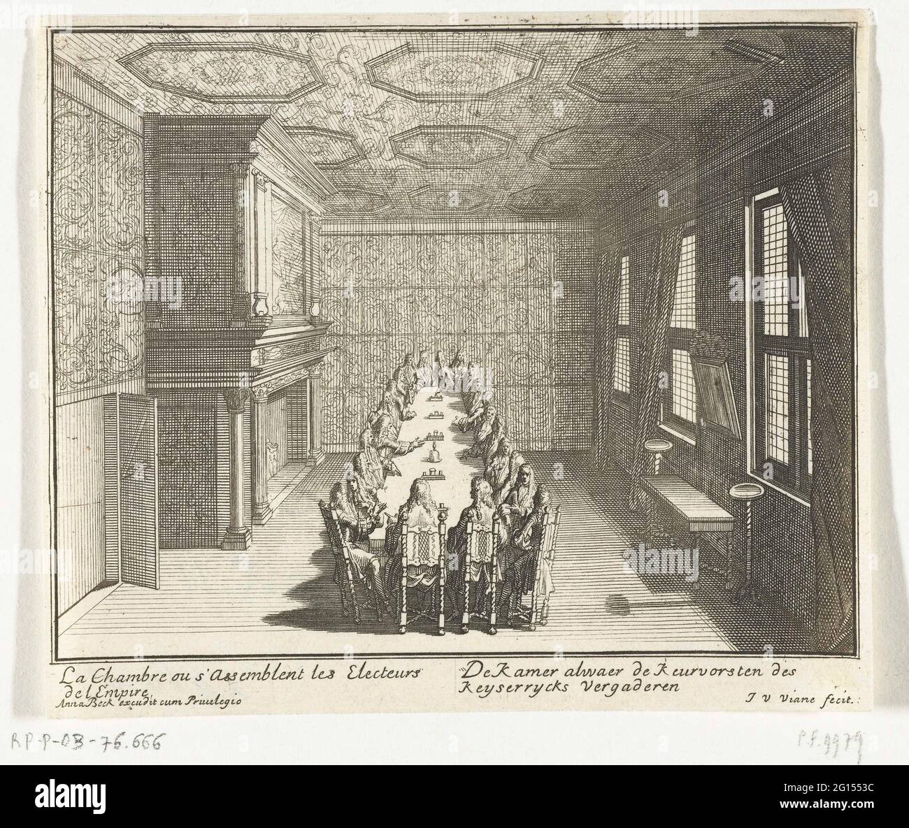 Chamber of the Emperor's ambassadors and the Keurvorsten in the house in Nieubch in Rijswijk, 1697; The room alwaer de Keursten des Keyserrycks meet; Series of sixteen small prints about the house Ter Nieubch in Rijswijk and the peace negotiations, 1697. Room of the Emperor's ambassadors and the Keurvorsten in the house in Nieubch in Rijswijk. A group of men meet a long table. In the caption the two titles in French and Dutch. Part (print 10) of the series of sixteen smaller prints across the house Ter Nieubch in Rijswijk and the peace negotiations kept there uncontent in the peace of Rijswijk Stock Photo
