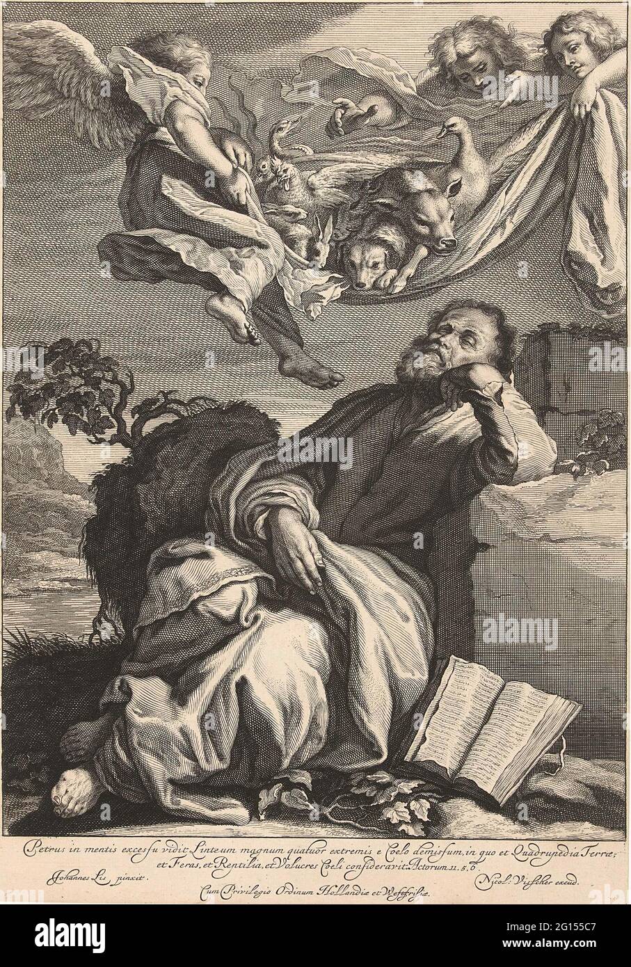 Vision of Petrus. Peter is wearing a rock in a mountainous landscape. Next to him is a sloped book and above him three angels hold a sheet with all kinds of unclean animals. Stock Photo