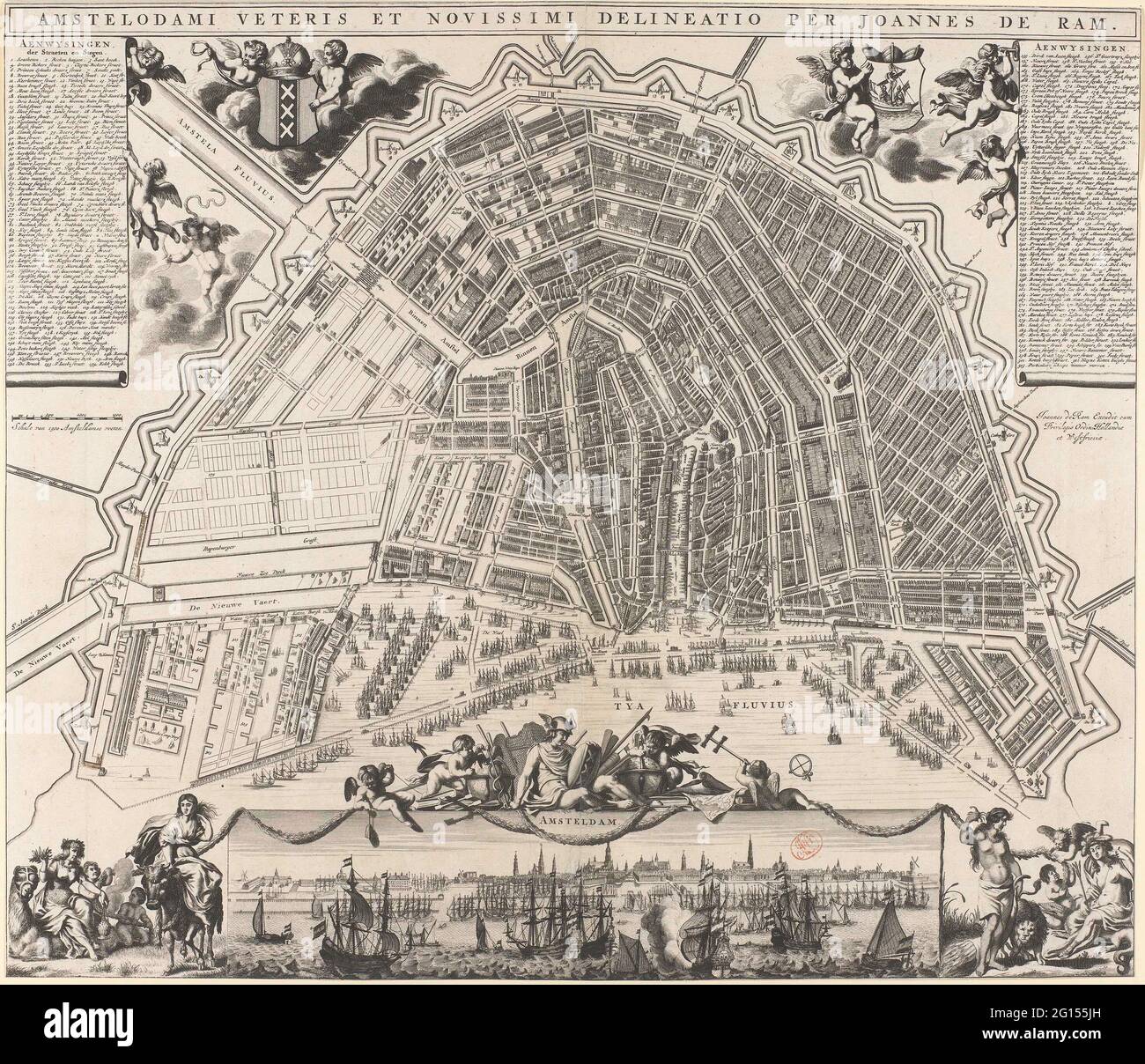 broeden katoen amateur Map of Amsterdam; Amstelodami Veteris et Novissimi Delineatio. Floor plan  in Vogelvluchtsplucht. Along the top the title. Above left the legend  1-154. Right of it putti with the coat of arms of