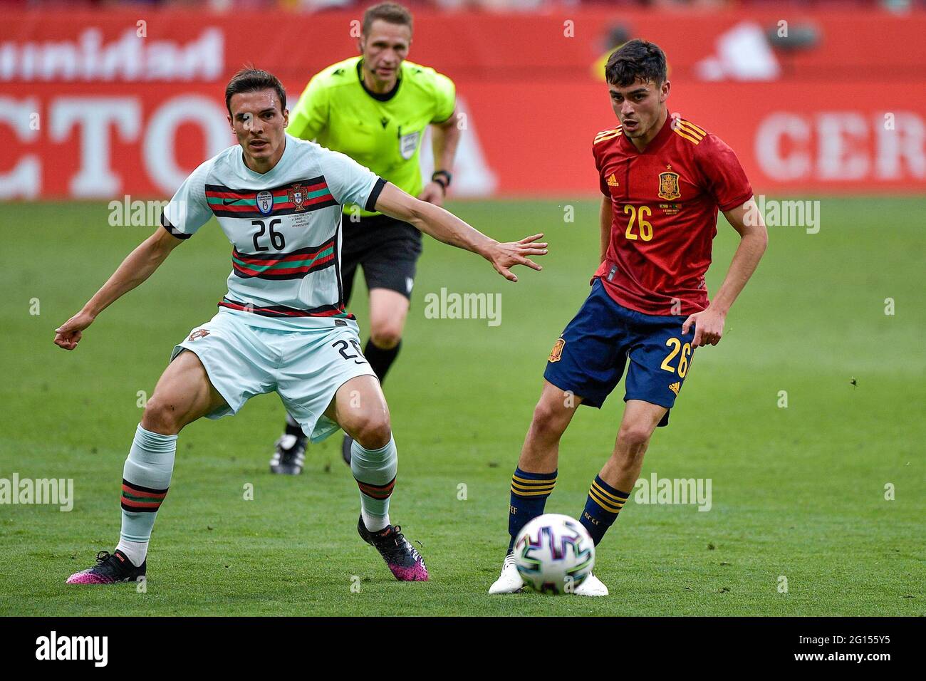 Madrid, Spain. 04th June, 2021. Pedri of Spain and Joao Palhinha of Portugal during the International Friendly match between Spain and Portugal at Wanda Metropolitano on June 4, 2021 in Madrid, Spain (Photo by Pablo Morano/Orange Pictures) Credit: Orange Pics BV/Alamy Live News Stock Photo