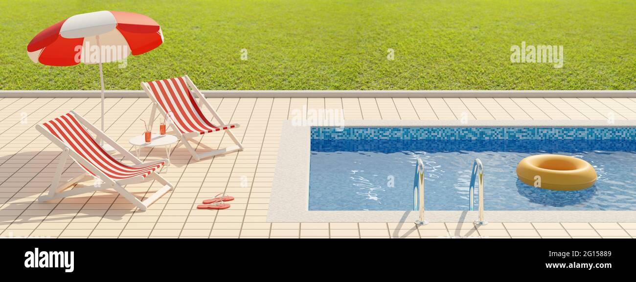 Lounge chairs and umbrella next to a pool with copy space. Summer concept. 3d illustration. Stock Photo
