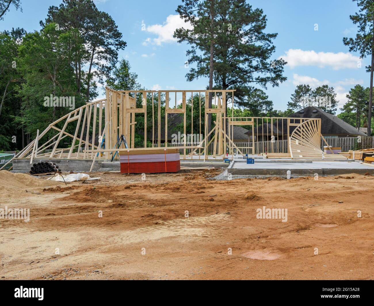 Storm and wind damaged new home construction with collapsed framed walls in Pike Road Alabama, USA. Stock Photo