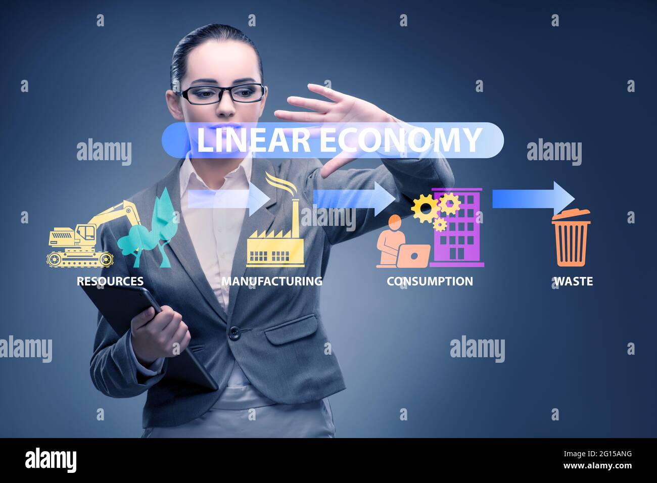 Concept of linear economy with the businesswoman Stock Photo - Alamy