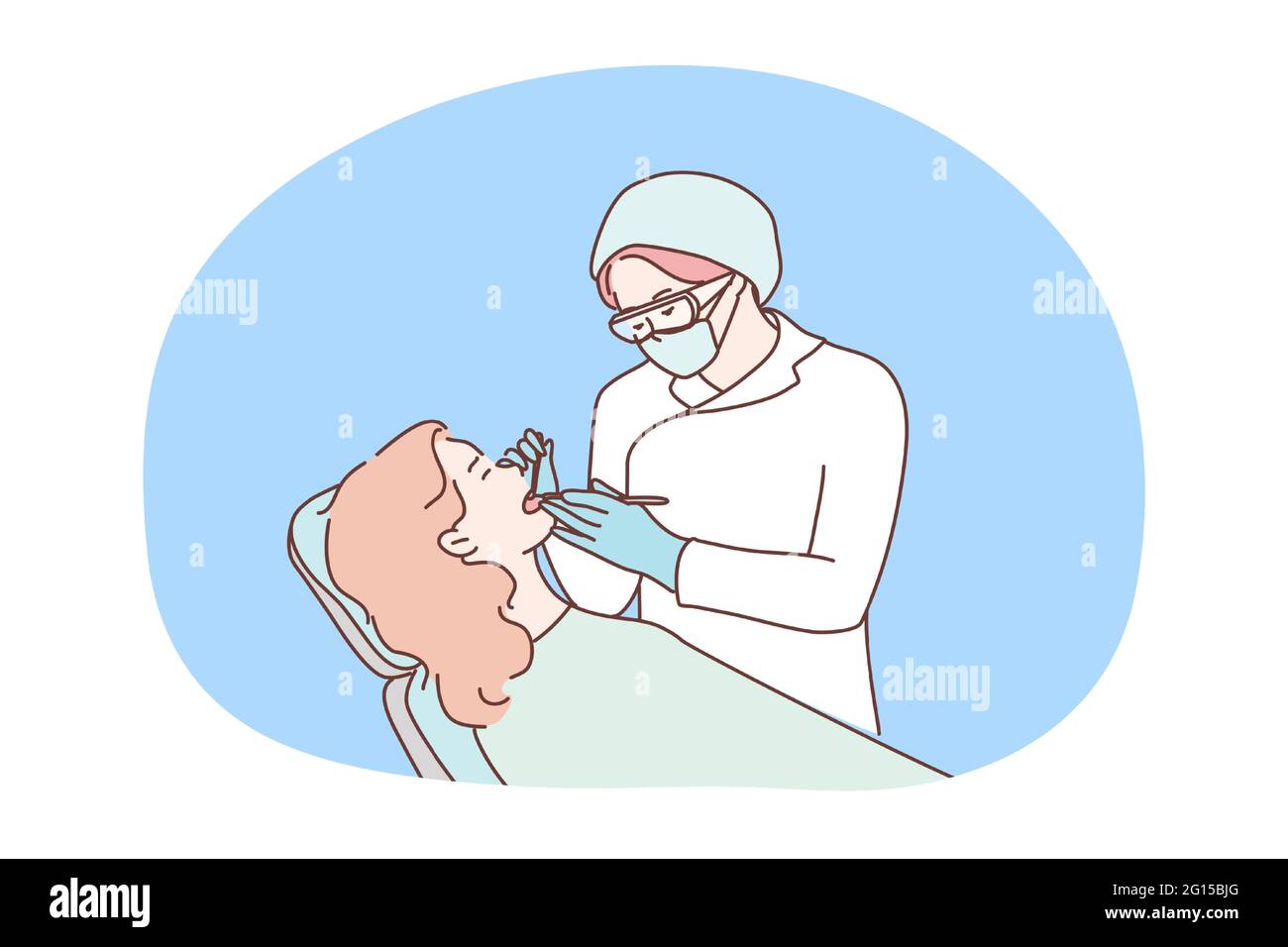 Health, care, medicine, dentistry concept. Woman doctor dentist checking examinates healing teeth of patient in special chair. Routine dental checkup procedure or toothache oral treatment illustration Stock Vector