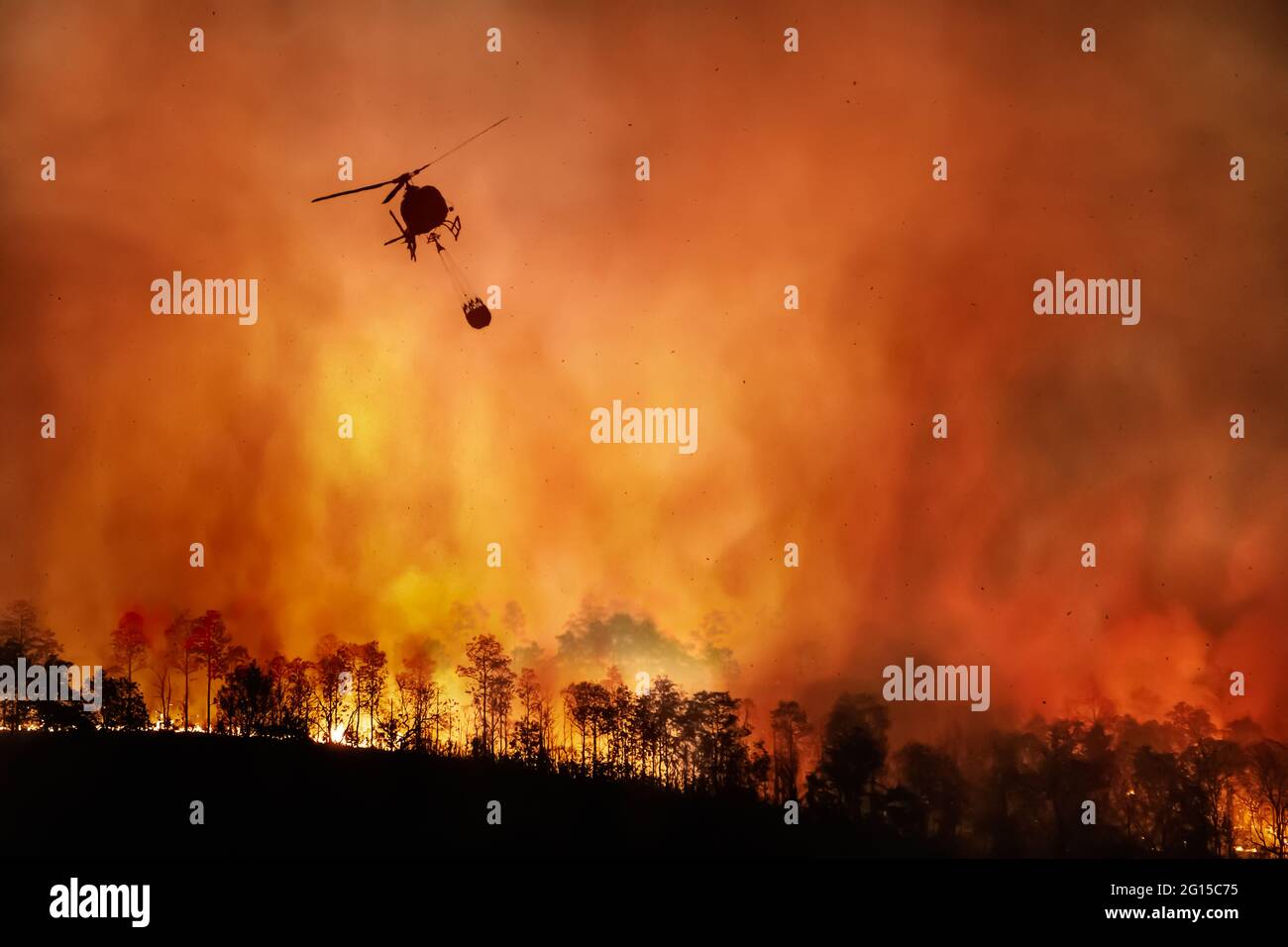 Fire fighting helicopter carry water bucket to extinguish the forest