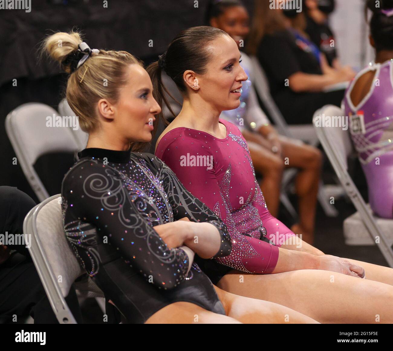 Texas, USA. 04th June, 2021. June 4, 2021: MyKayla Skinner and Chellsie Memmel watch others perform their bar routines during Session 1 of the 2021 U.S. Gymnastics Championships at Dickies Arena in Fort Worth, TX. Kyle Okita/CSM Credit: Cal Sport Media/Alamy Live News Stock Photo