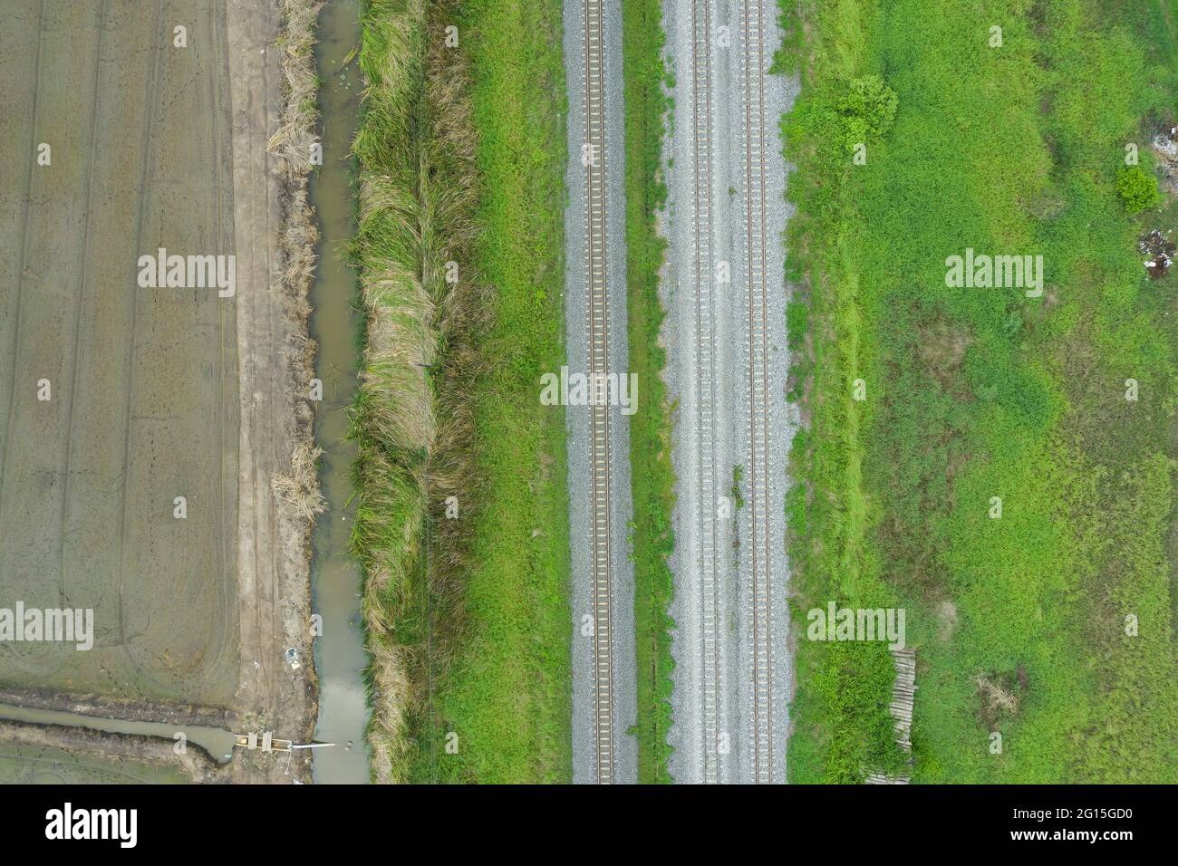 Aerial view from flying drone of railroad tracks Stock Photo