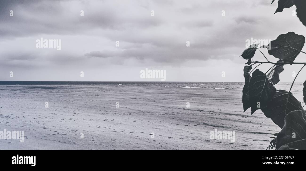 Strand von Cuxhaven an der deutschen Nordseeküste mit Panorama Poster bei Ebbe und Flut an der Kugelbake, UNESCO Welterbe. Gezeiten in Helgoland Stock Photo