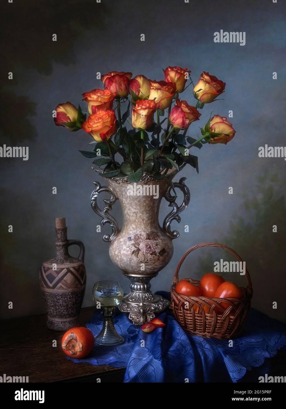 Still life with splendid bouquet of roses Stock Photo - Alamy