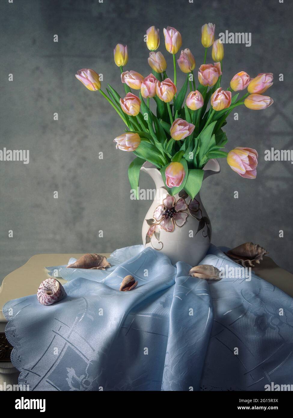 Still life with bouquet of tulips Stock Photo - Alamy