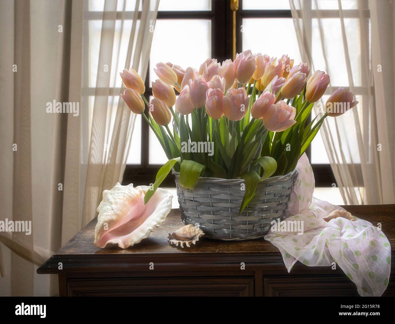 Still life with bouquet of tulips Stock Photo - Alamy