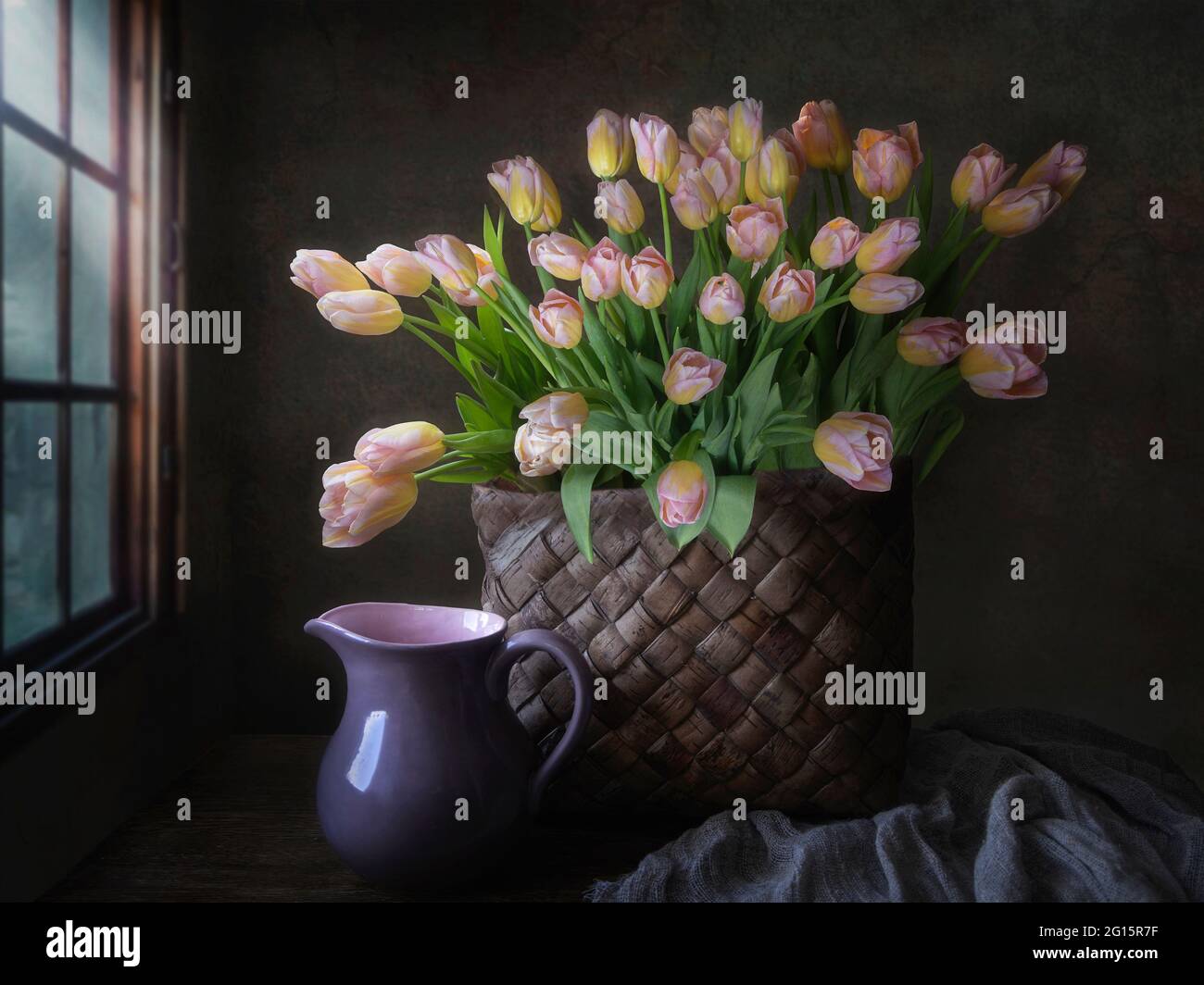 Still life with bouquet of tulips Stock Photo - Alamy