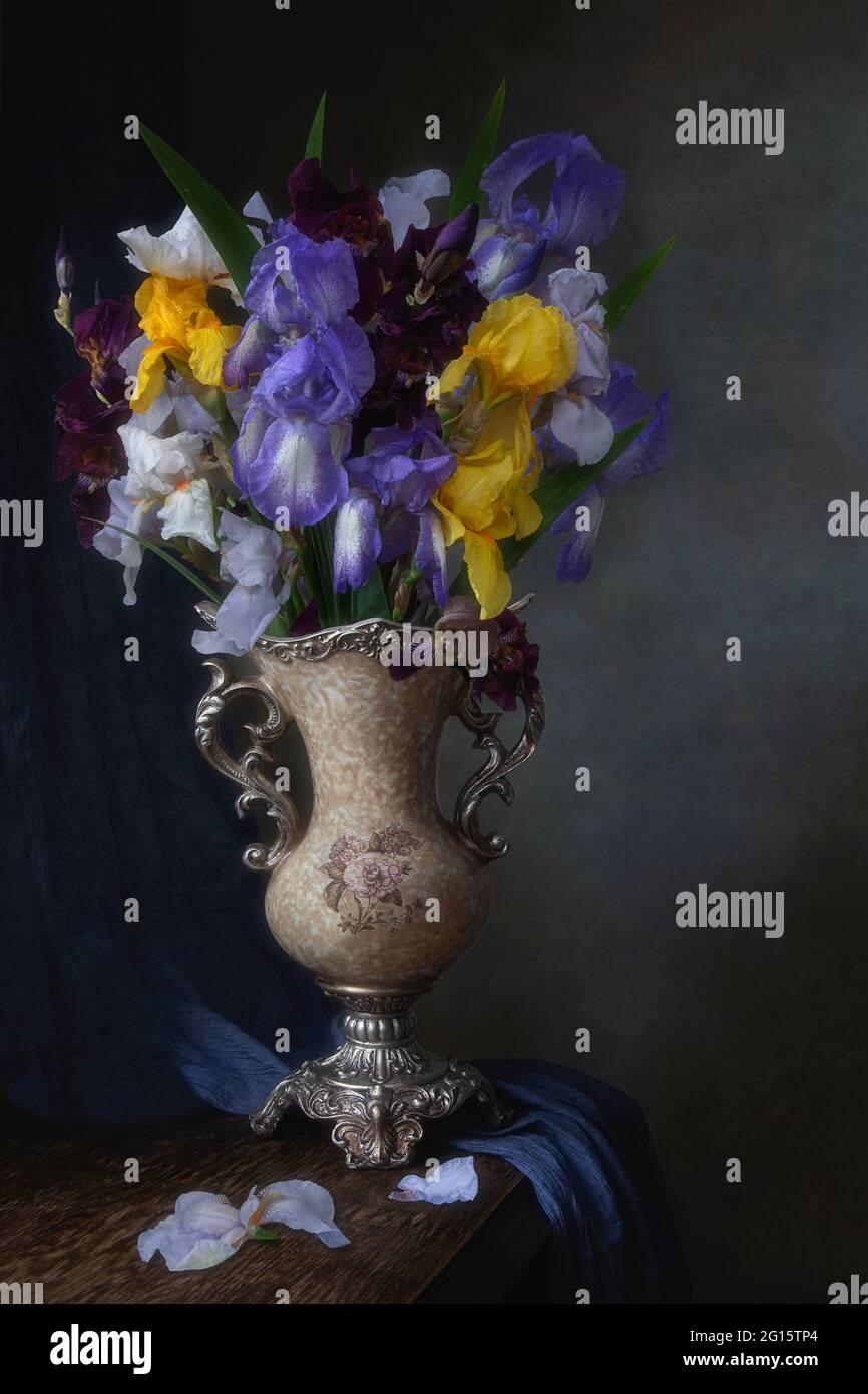 Still life with splendid bouquet of iris flowers Stock Photo - Alamy