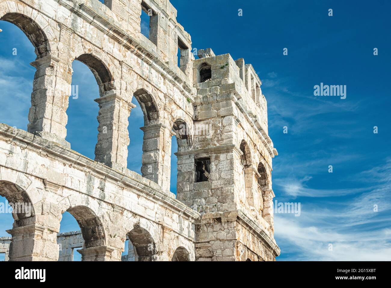 Amphitheater in Pula Croatia .The three-story amphitheater is the sixth largest in the world and has well preserved outer walls. Stock Photo