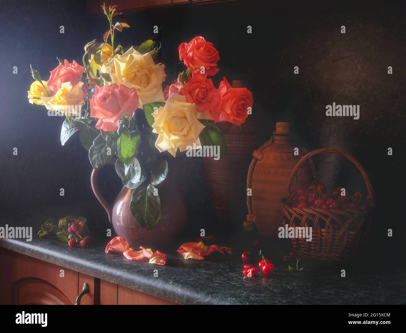 Still life with beautiful bouquet of flowers and fruits Stock Photo - Alamy