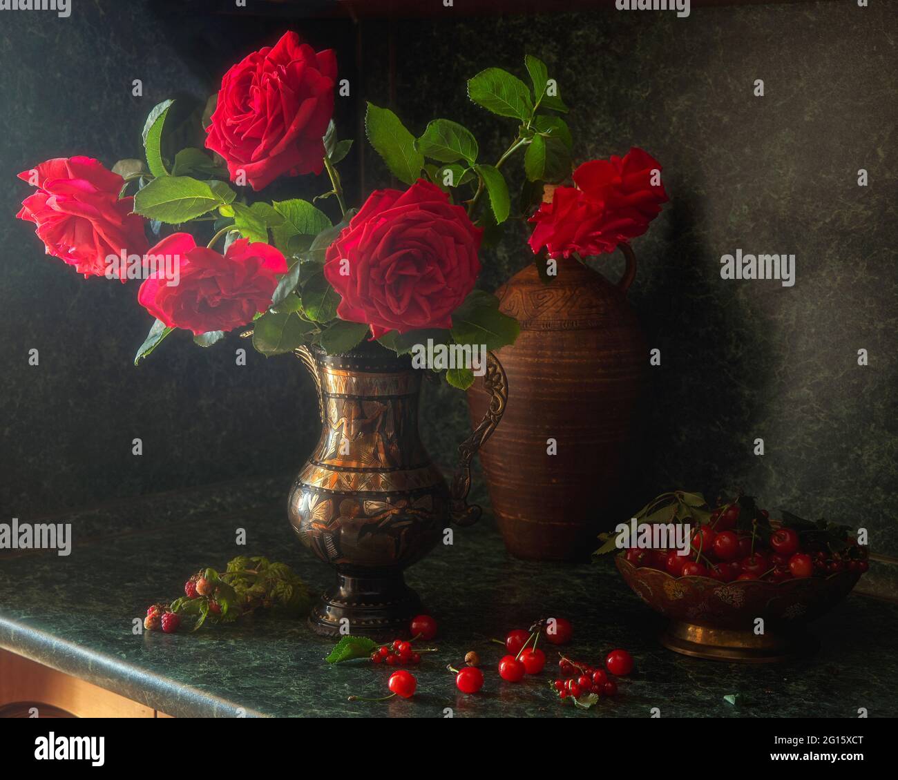 Still life with beautiful bouquet of flowers and fruits Stock Photo - Alamy