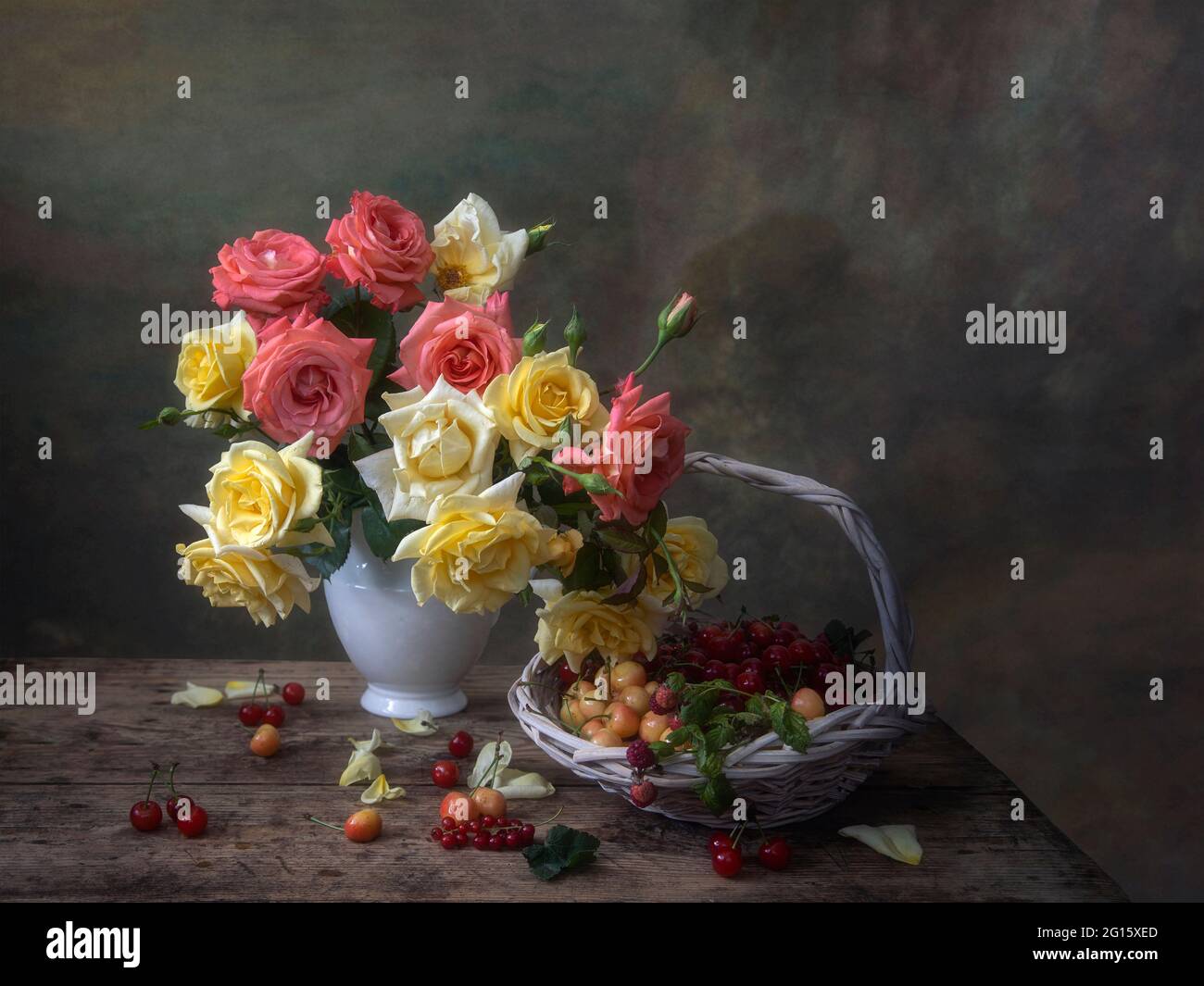 Still life with beautiful bouquet of flowers and fruits Stock Photo - Alamy
