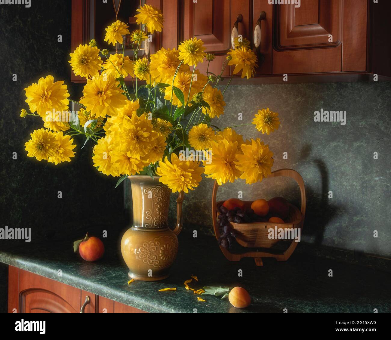 Still life with beautiful bouquet of flowers and fruits Stock Photo - Alamy