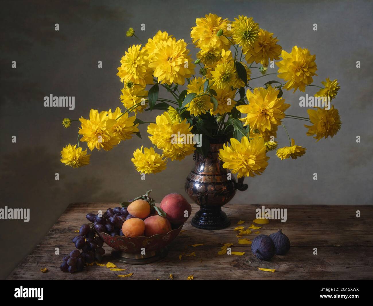 Still life with beautiful bouquet of flowers and fruits Stock Photo - Alamy