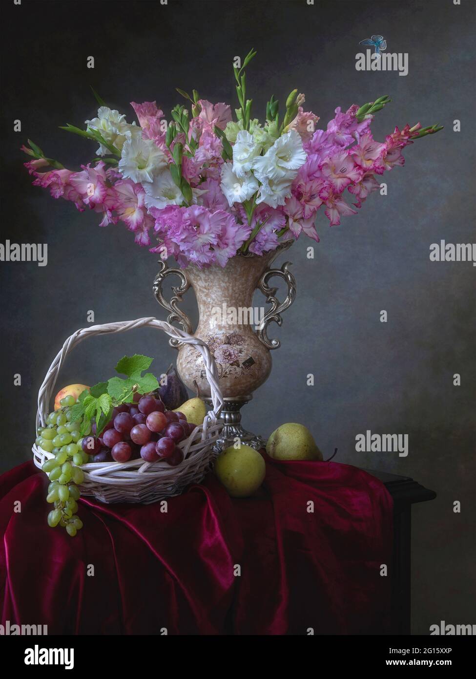 Still life with beautiful bouquet of flowers and fruits Stock Photo - Alamy