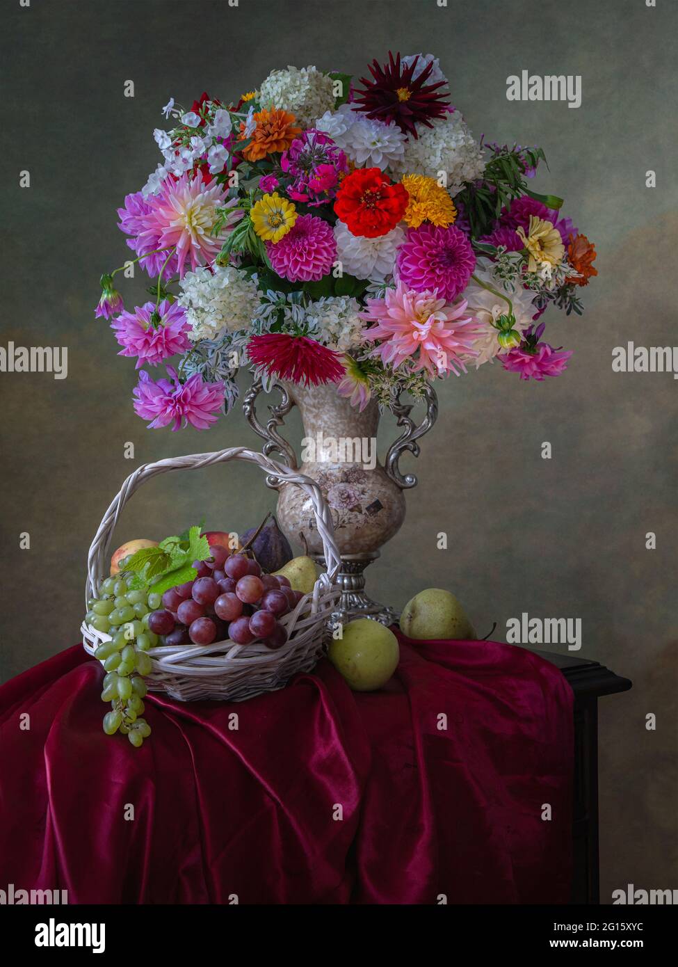 Still life with beautiful bouquet of flowers and fruits Stock Photo - Alamy