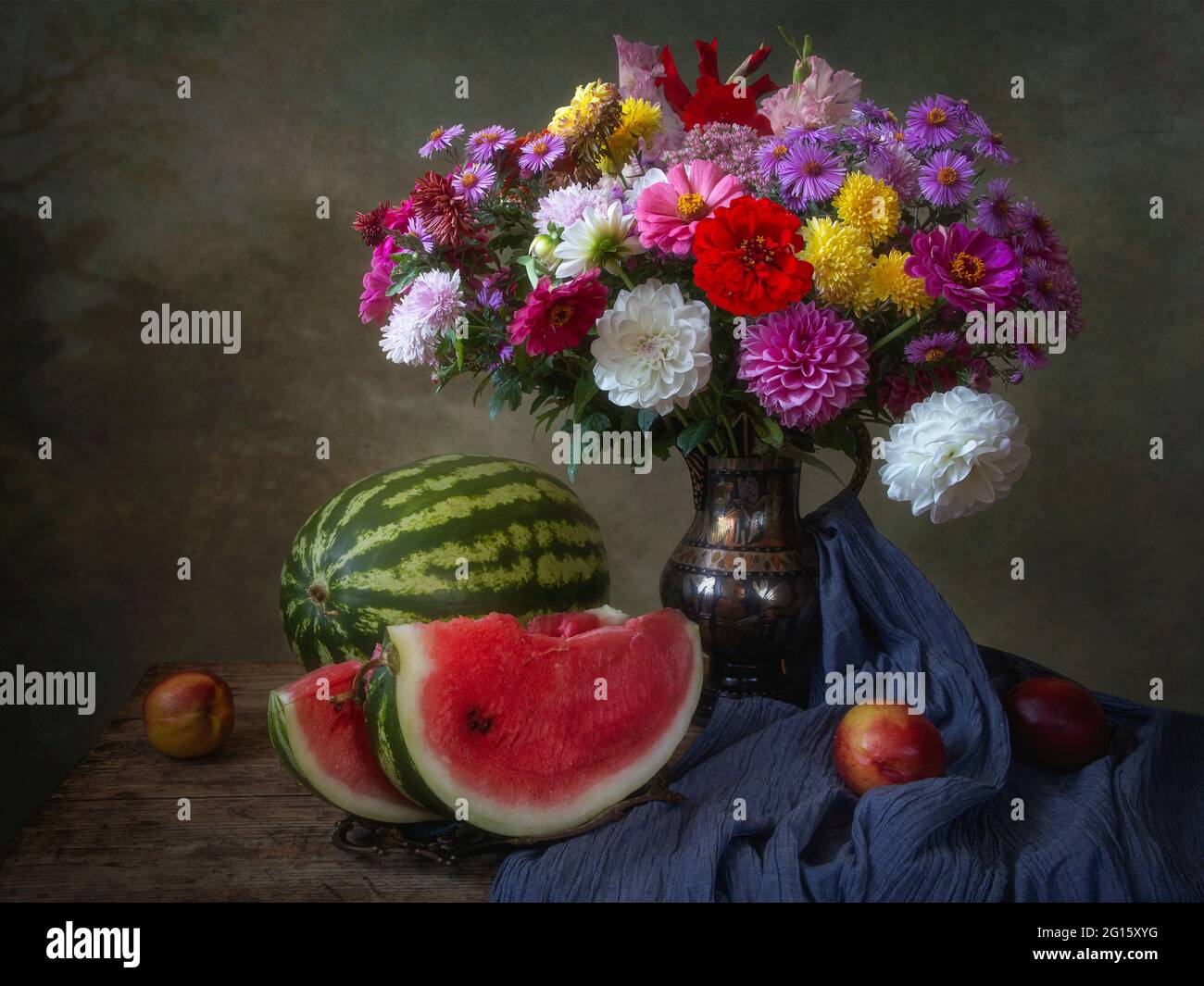 Still life with beautiful bouquet of flowers and fruits Stock Photo - Alamy