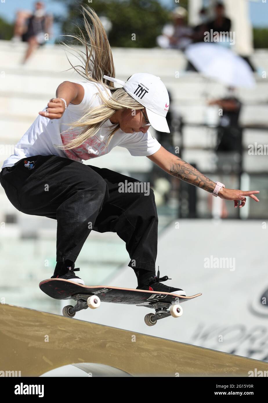 Rome, Italy. 4th June, 2021. Pamela Rosa of Brazil competes during the  Women's Semifinal of the Street Skateboarding World Championships, a  qualifying event for Tokyo Olympic Games, in Rome, Italy, June 4,