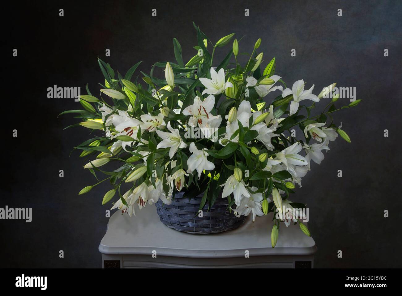 Still life with bouquet of white lily flowers Stock Photo - Alamy