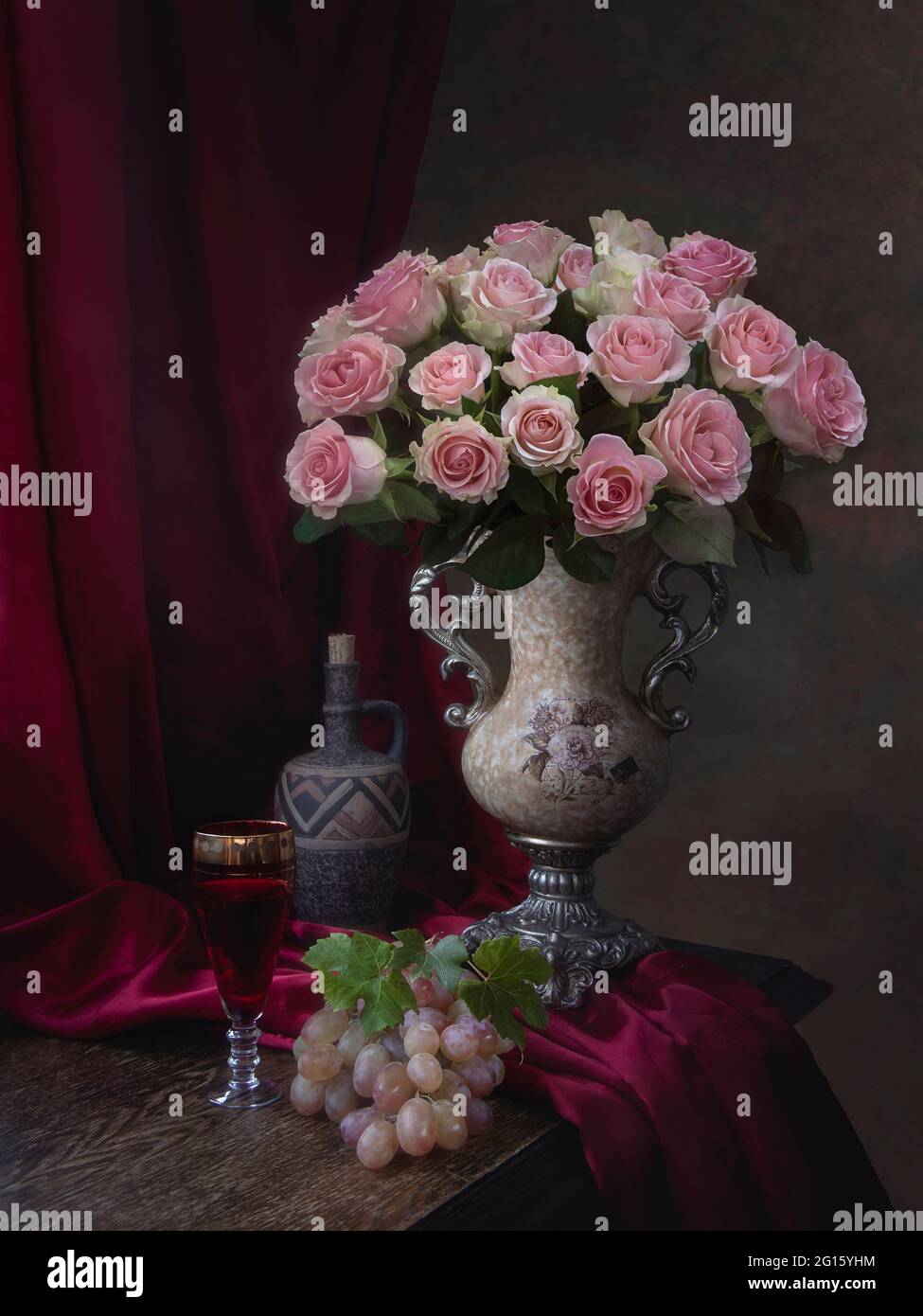 Still life with beautiful bouquet of flowers and fruits Stock Photo - Alamy
