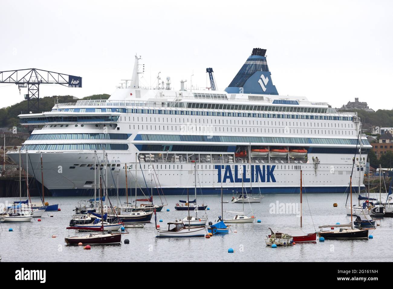 The cruise liner 'Silja Europa', which will host police officers during the G7 summit, is docked in Falmouth Harbour, Cornwall, Britain, June 5, 2021. REUTERS/Tom Nicholson Stock Photo