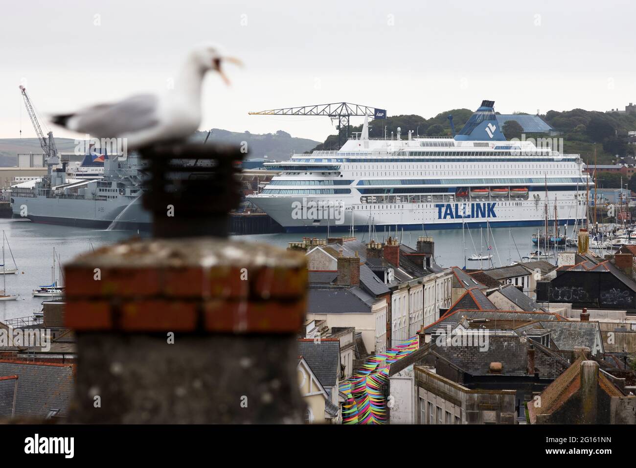 The cruise liner 'Silja Europa', which will host police officers during the G7 summit, is docked in Falmouth Harbour, Cornwall, Britain, June 5, 2021. REUTERS/Tom Nicholson Stock Photo