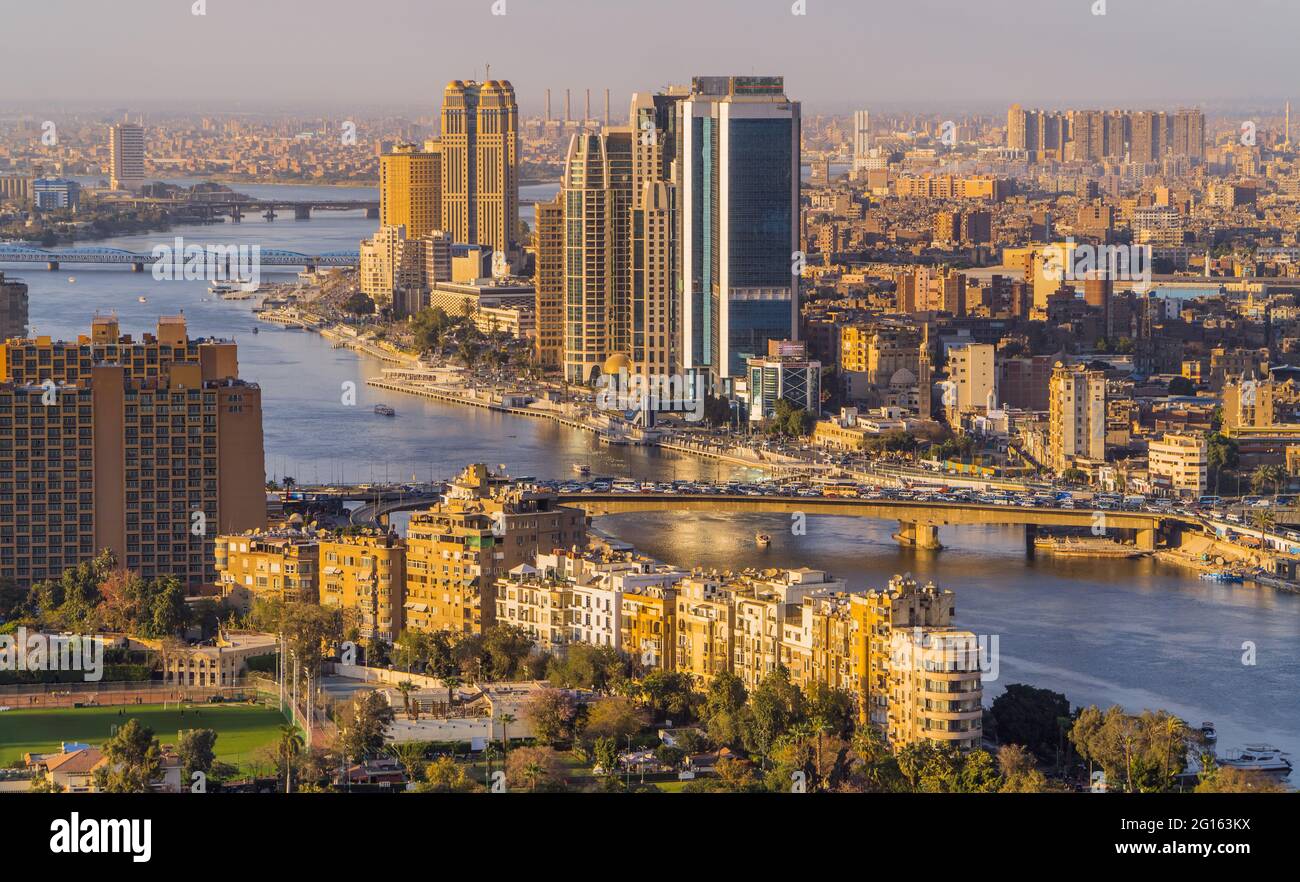 Aerial sunset panorama view of downtown Cairo and the Nile River seen ...