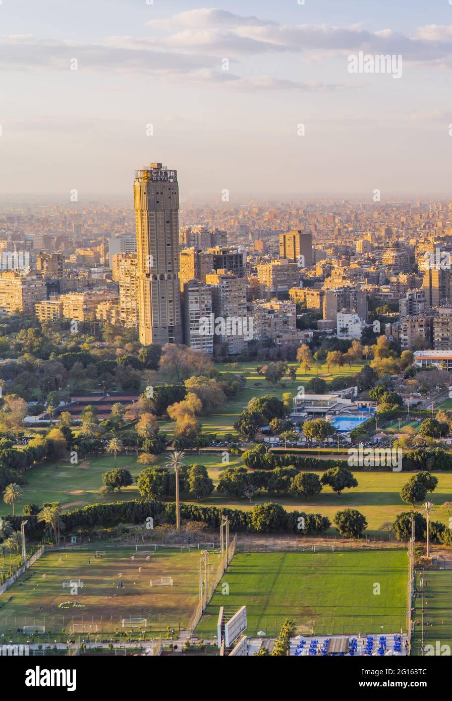 Aerial panorama sunset view of the Nile River and downtown Cairo seen ...