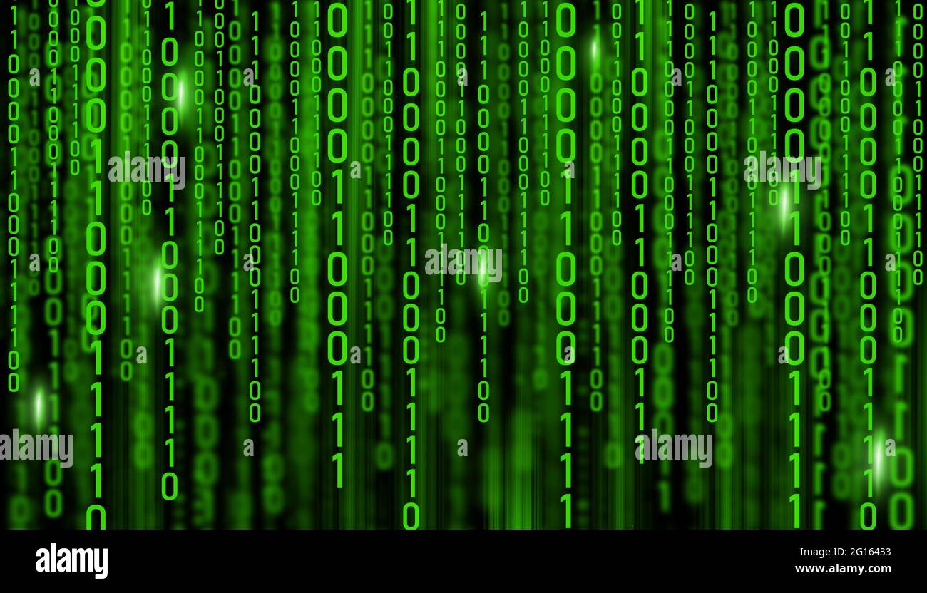 LED light text number one and zero. Binary code on the monitor screen ...