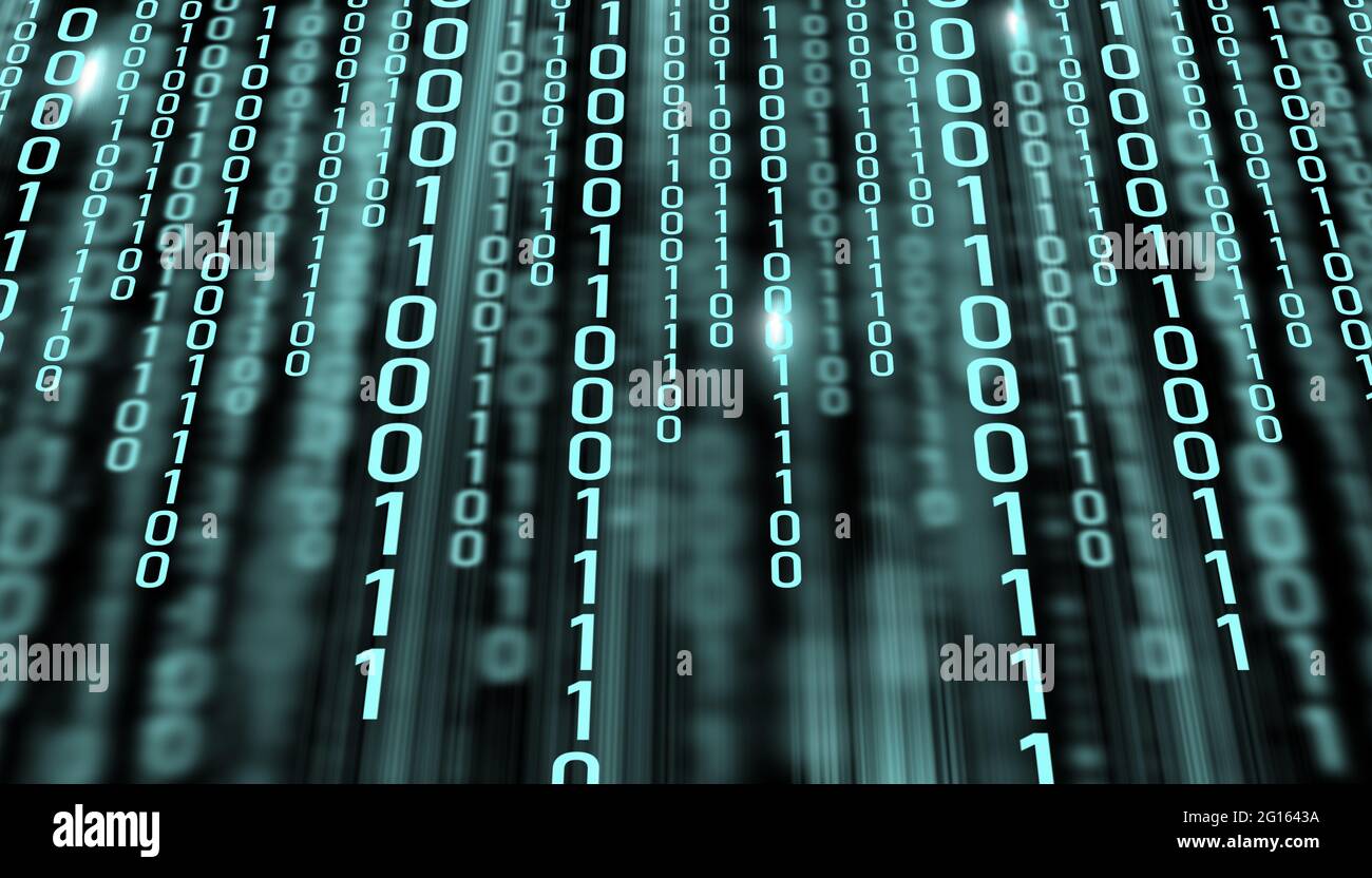 LED light text number one and zero. Binary code on the monitor screen ...