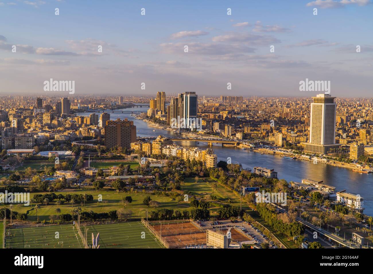 Aerial Panorama Sunset View Of The Nile River And Downtown Cairo Seen 