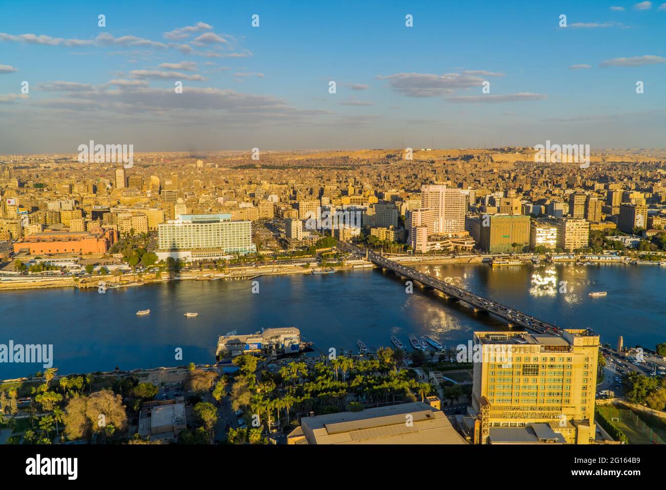 Aerial panorama sunset view of the Nile River and downtown Cairo seen from Cairo Tower Stock Photo