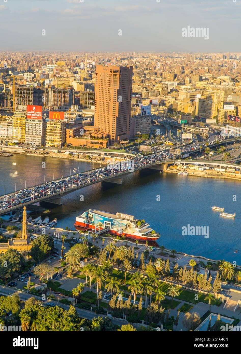 Aerial panorama sunset view of the Nile River and downtown Cairo seen ...