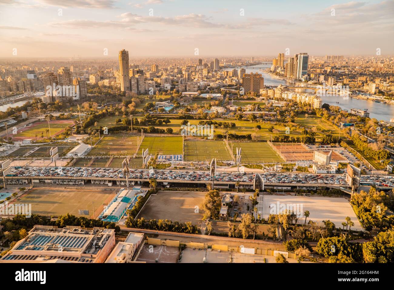 Aerial sunset panorama view of downtown Cairo and the Nile River seen ...