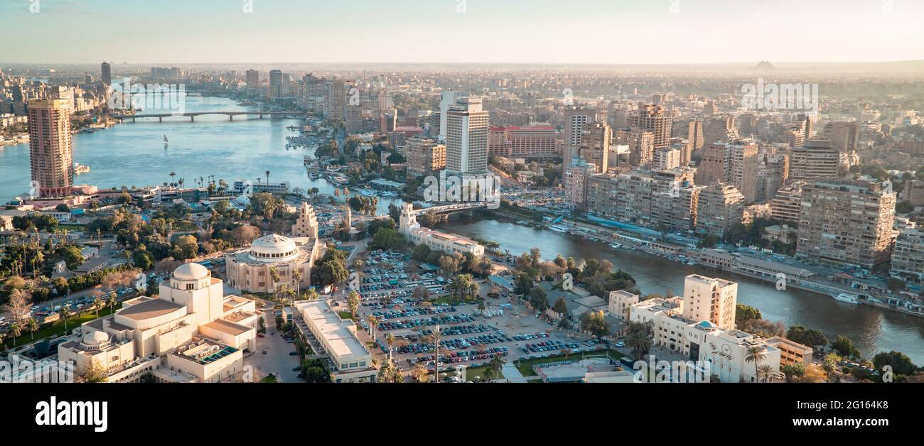 Aerial Sunset Panorama View Of Downtown Cairo And The Nile River Seen ...