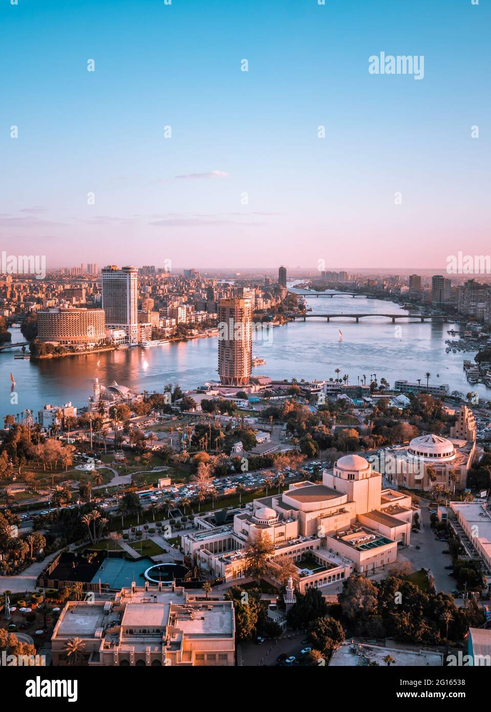Aerial sunset panorama view of downtown Cairo and the Nile River seen ...