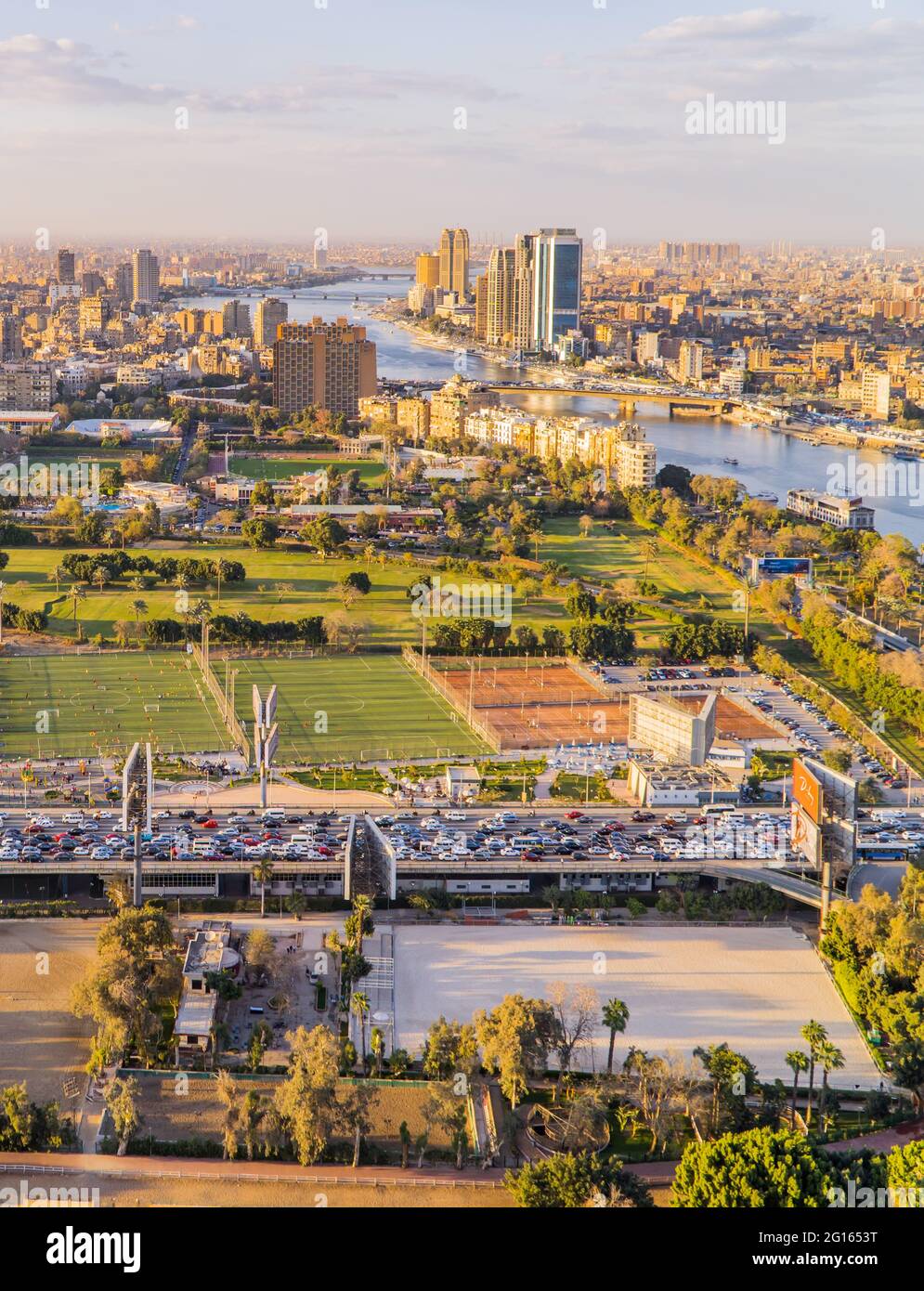 Aerial sunset panorama view of downtown Cairo and the Nile River seen ...
