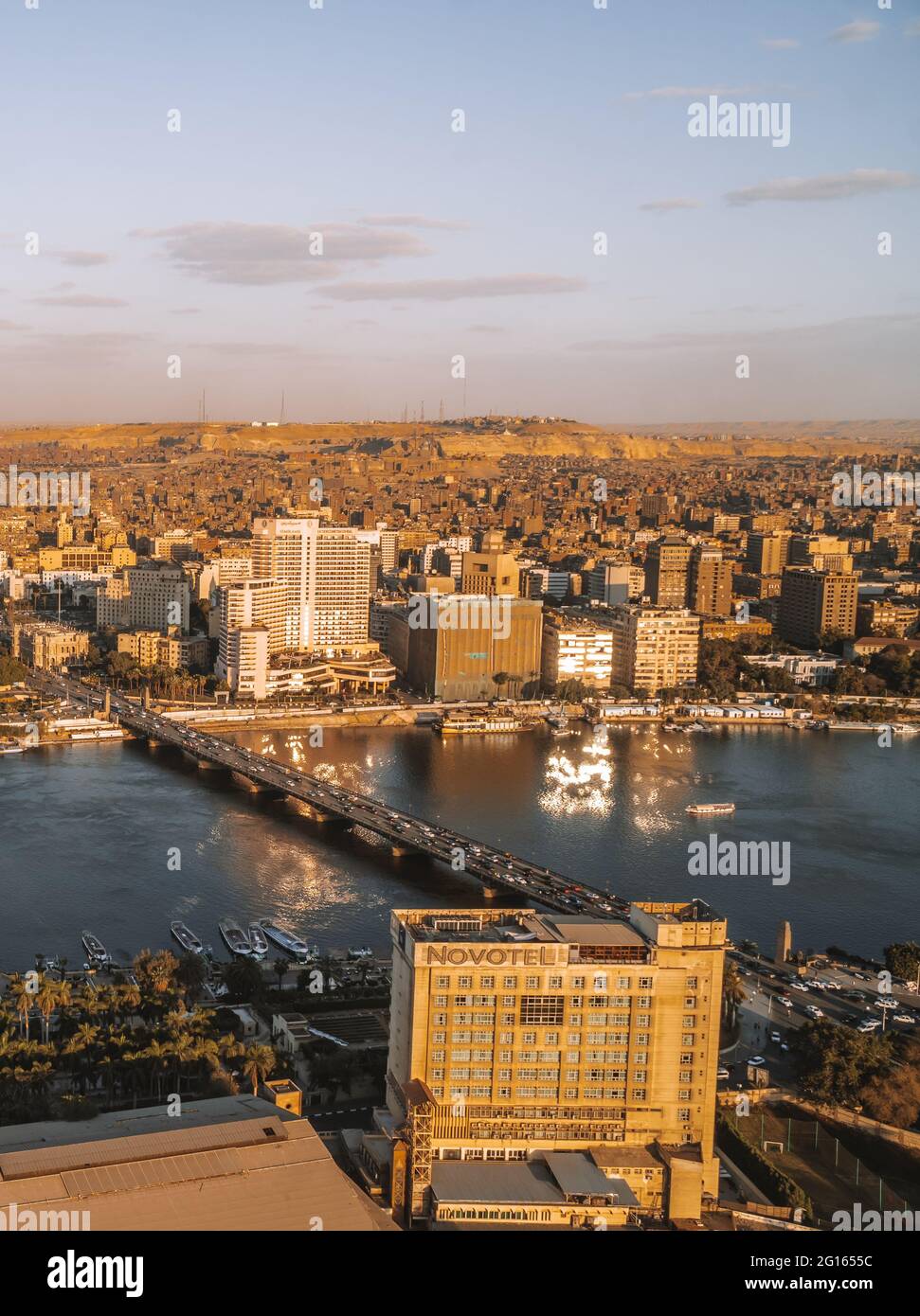 Aerial sunset panorama view of downtown Cairo and the Nile River seen ...