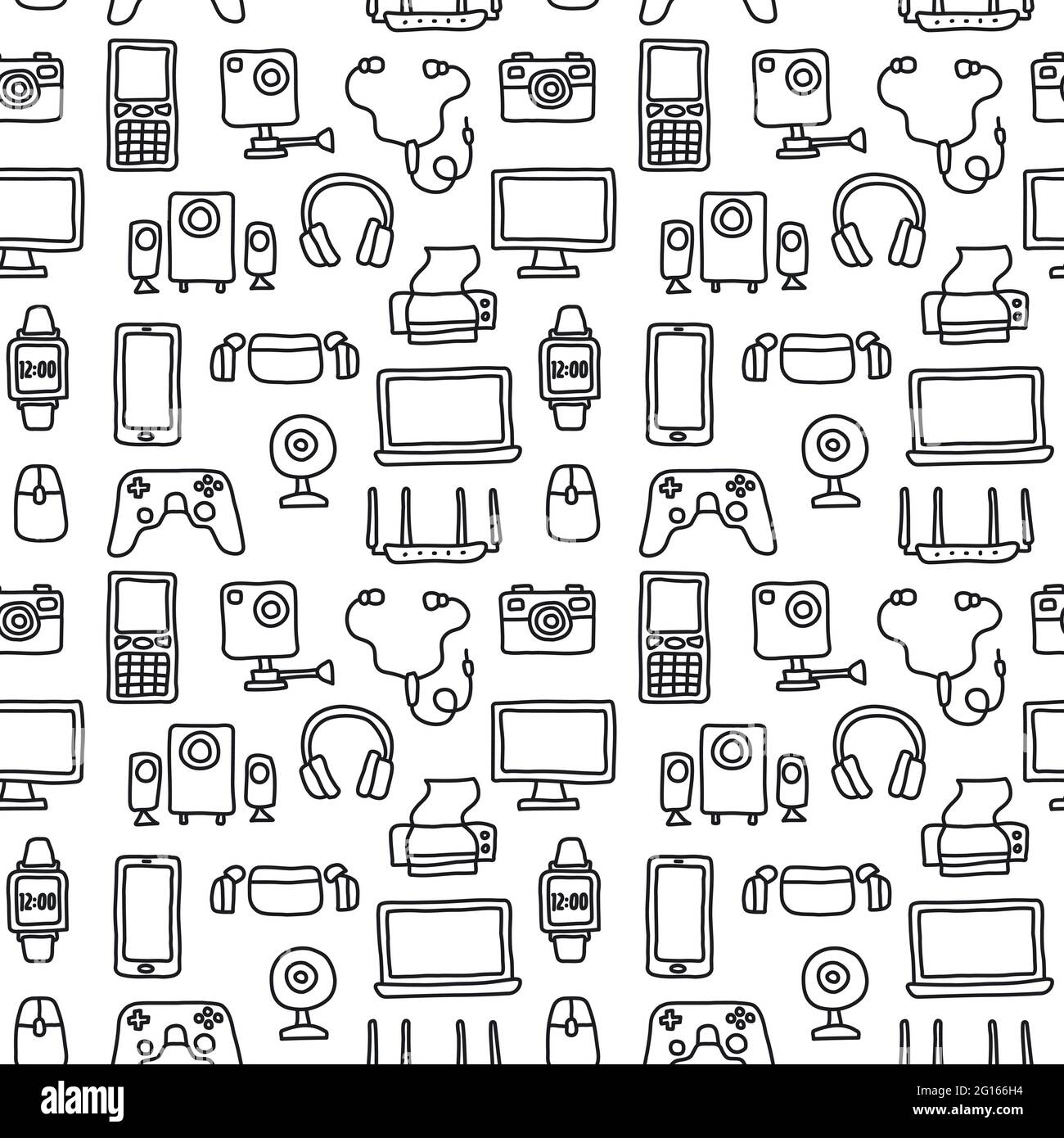 Line cartoon seamless pattern of the digital devices and gadgets. Stock Vector